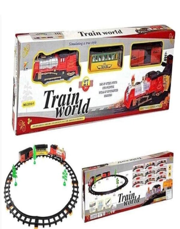 Train World Classic Electric Toy Train Set 27 Pcs Battery Powered Railway Playset with Lights and Track (Red)